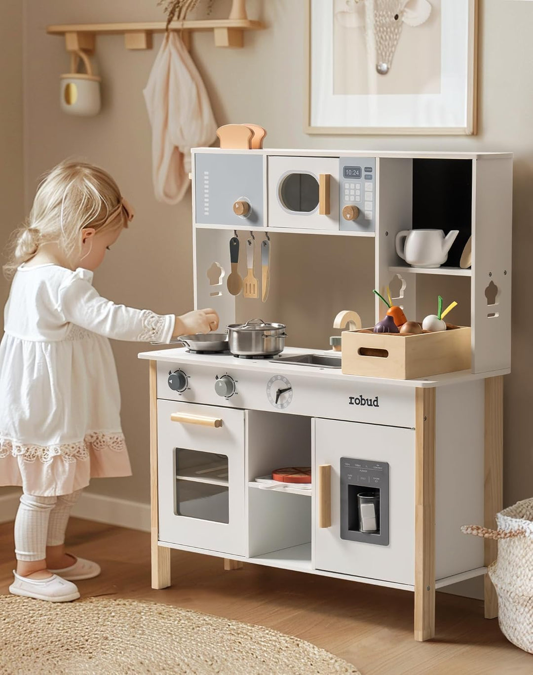 ROBUD Spielküche für Kinder, Kinderküche Holz mit Pflanzkasten & Toaster & Eismaschine & Schneiden S