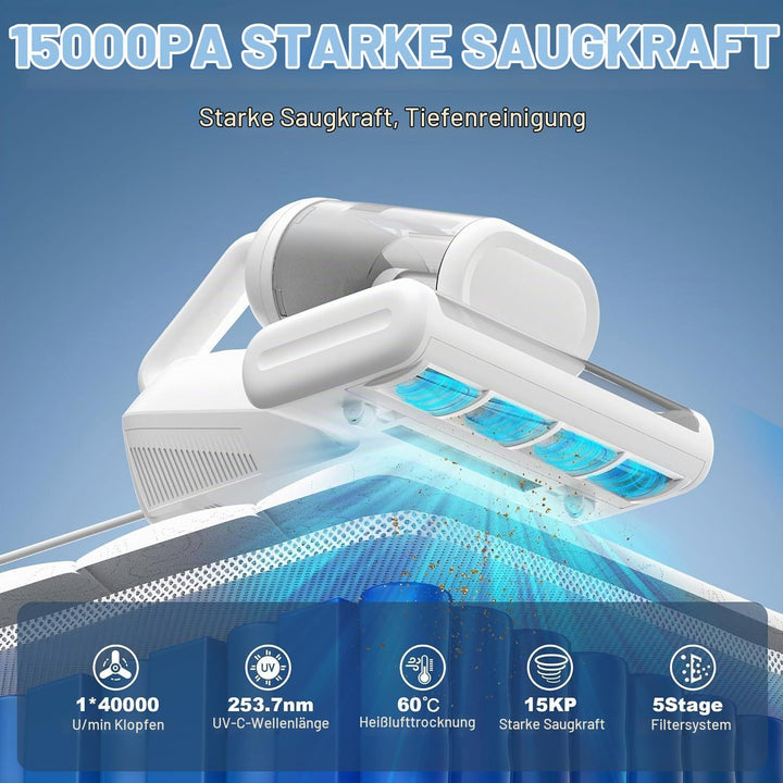 Milbensauger für Matratzen mit UV Licht - 15KPa Milbenstaubsauger mit 5M Kabel und 60℃ Heissluftfunk