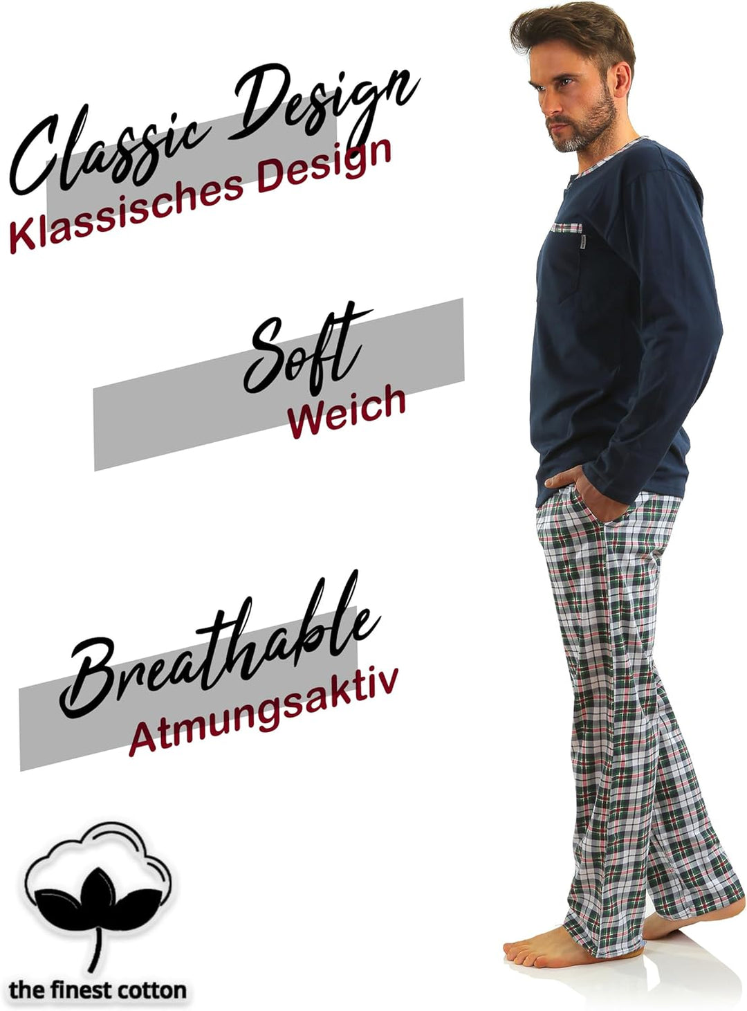 sesto senso Herren Schlafanzug Lang Baumwolle Pyjama Langarm Shirt mit Tasche Pyjamahose Zweiteilig