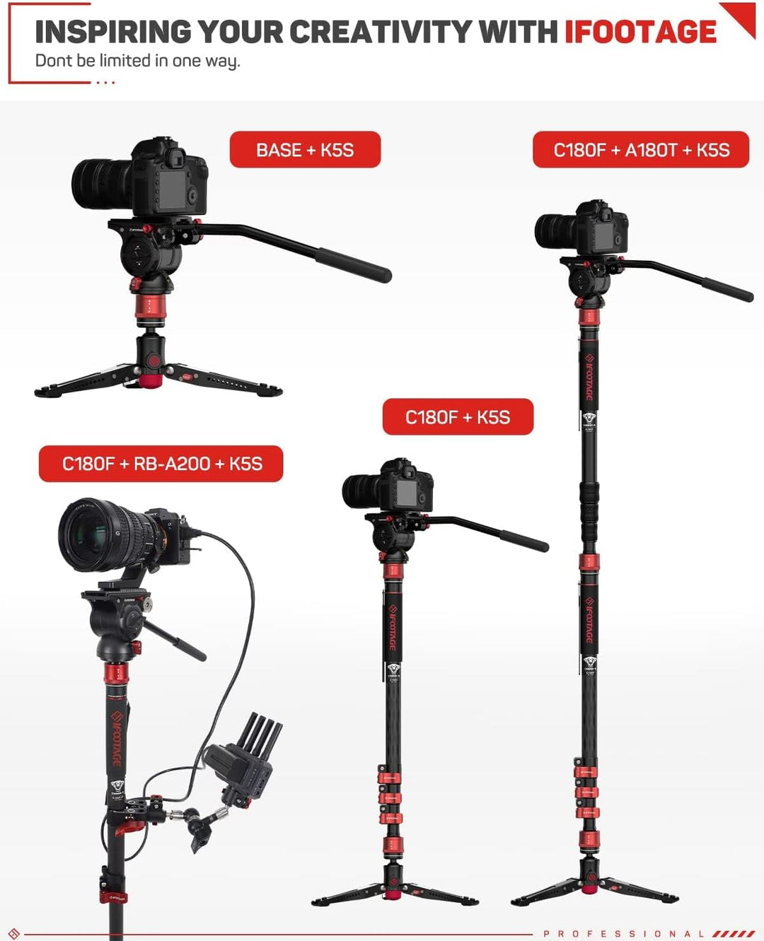 IFOOTAGE Cobra 3 Einbeinstativ Kamera C180F mit Füssen, Mini-Stativ mit Metallschnalle, Kohlefaser,