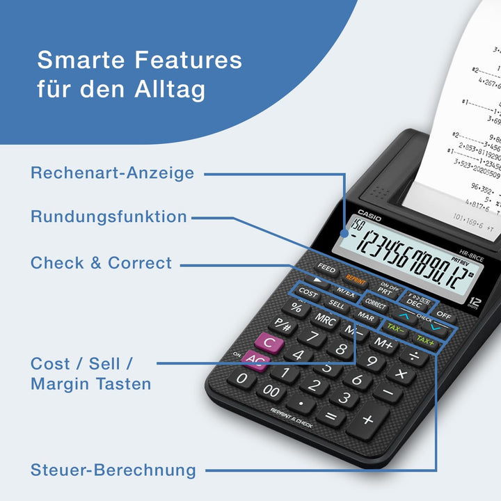 CASIO Druckender Tischrechner HR-8RCE, 12-stellig, Wiederholungsdruck, Cost/Sell/Margin, Profi-Proze