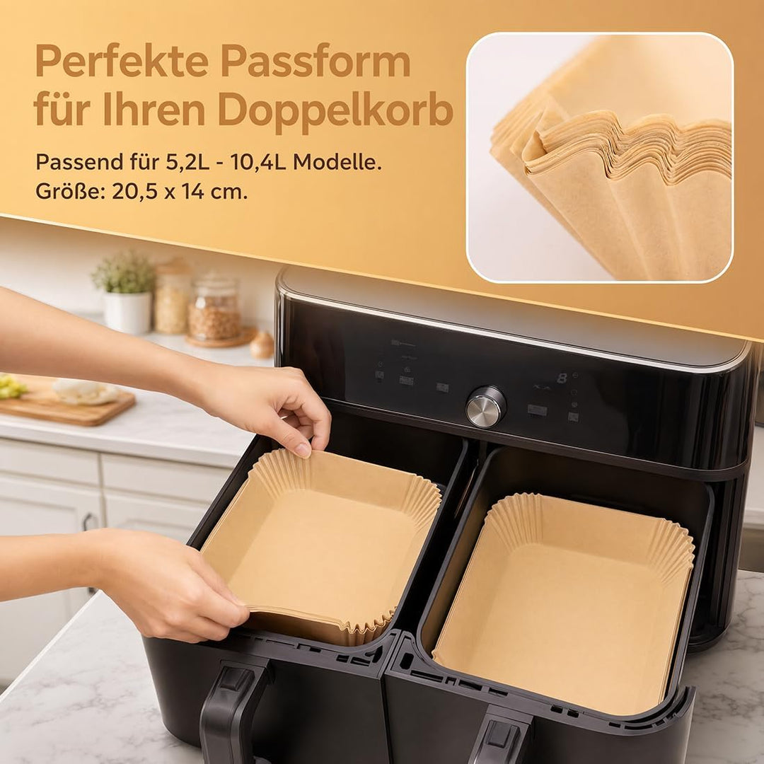 250 Stück Einweg-Backpapier für Heissluftfritteusen mit zwei Körben, 6-10 qt, zum Frittieren und Bac