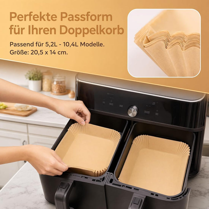 250 Stück Einweg-Backpapier für Heissluftfritteusen mit zwei Körben, 6-10 qt, zum Frittieren und Bac