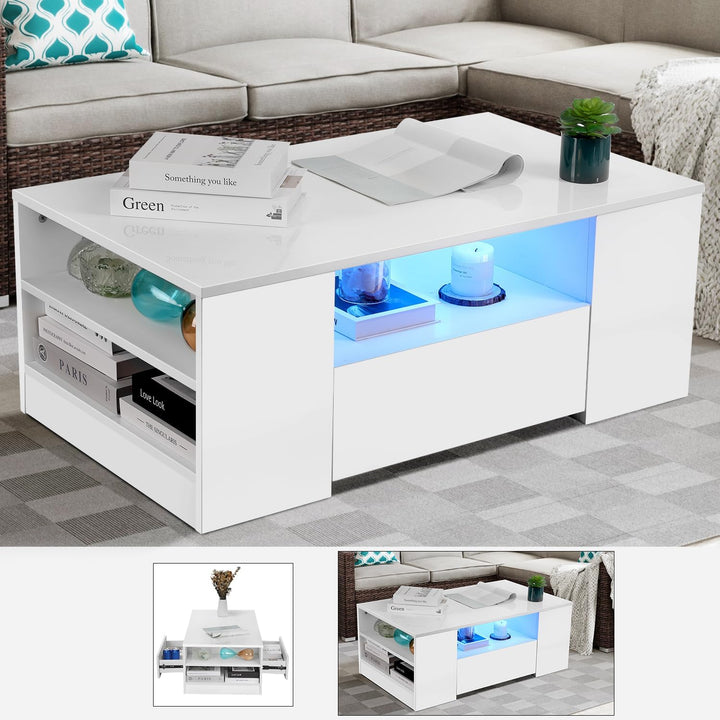 Couchtisch mit LED-Beleuchtung, Modern Sofatisch Wohnzimmertisch mit 2 Schublade, 100x55x37cm Weiss,