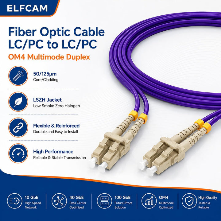 Elfcam® - 50m Glasfaserkabel LWL LC/UPC auf LC/UPC OM4 Multimode Duplex 50/125um LSZH, 50M, 50M