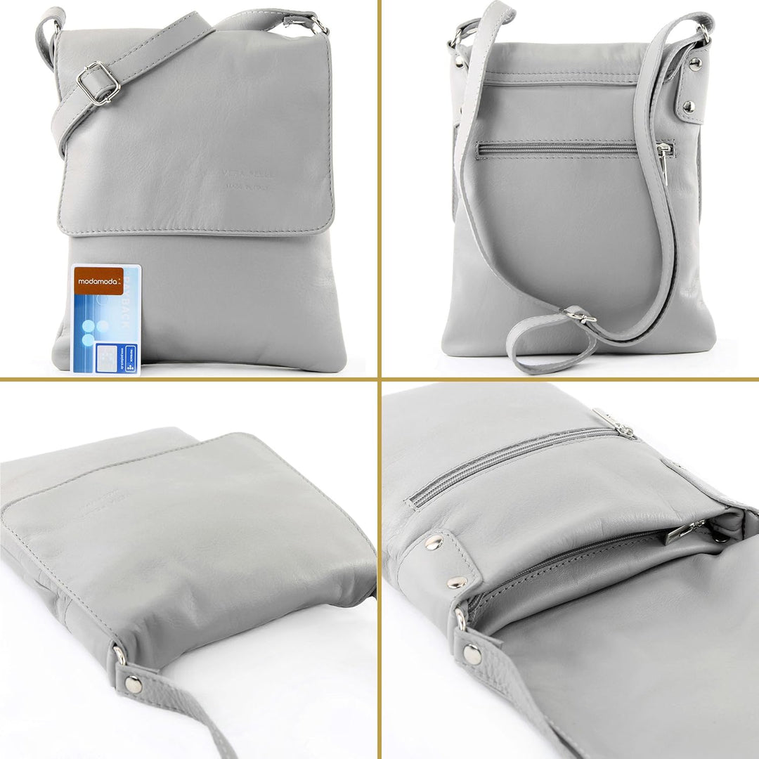 modamoda de - T33 - ital Umhängetasche Schultertasche aus Nappaleder Eisblau2021, Eisblau2021