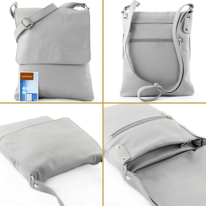 modamoda de - T33 - ital Umhängetasche Schultertasche aus Nappaleder Blassbraun, Blassbraun