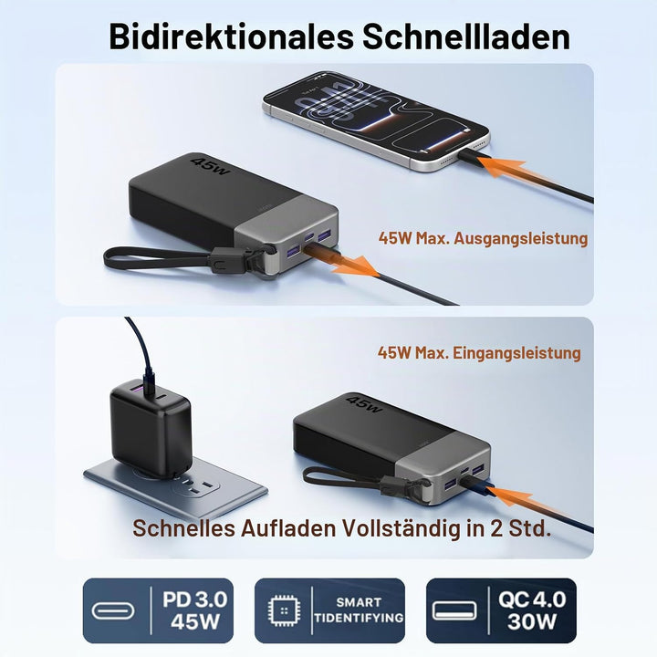 JUOVI Power Bank, Powerbank 20000mAh 45W Schnellladen Externe Handyakkus Schwarz 45W with Cable, Sch