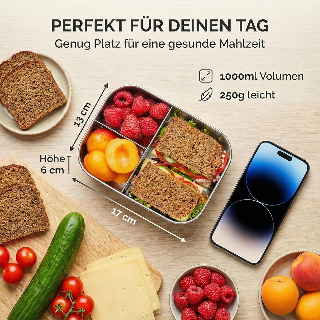 Edelstahl Brotdose, Feste Trennwand und 3 Fächer, Plastikfrei, Rostfrei, Spülmaschinengeeignet, Klei