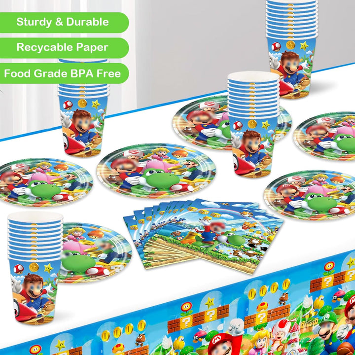 Super Bros Pappteller Kindergeburtstag Deko Jungen Mädchen- Mari Geburtstag Geschirr Set Super Broth