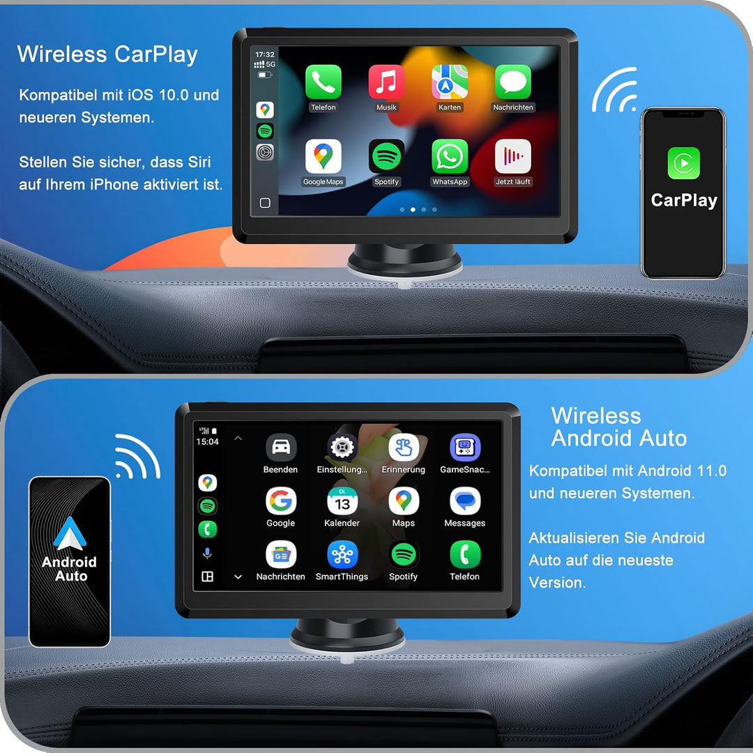 Wireless CarPlay Display, Tragbare Autoradio mit Android Auto,Touchscreen Bildschirm, MirrorLink, Sp