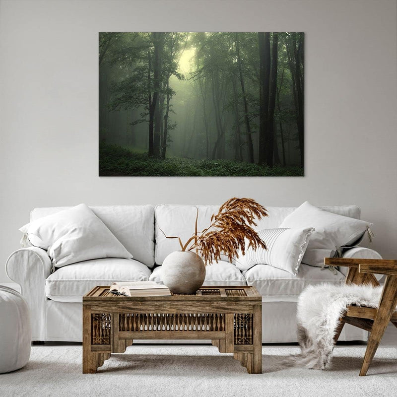 Bilder auf Leinwand 100x70cm Leinwandbild mit Rahmen Wald Nebel Baum Gross Wanddeko Bild Schlafzimme