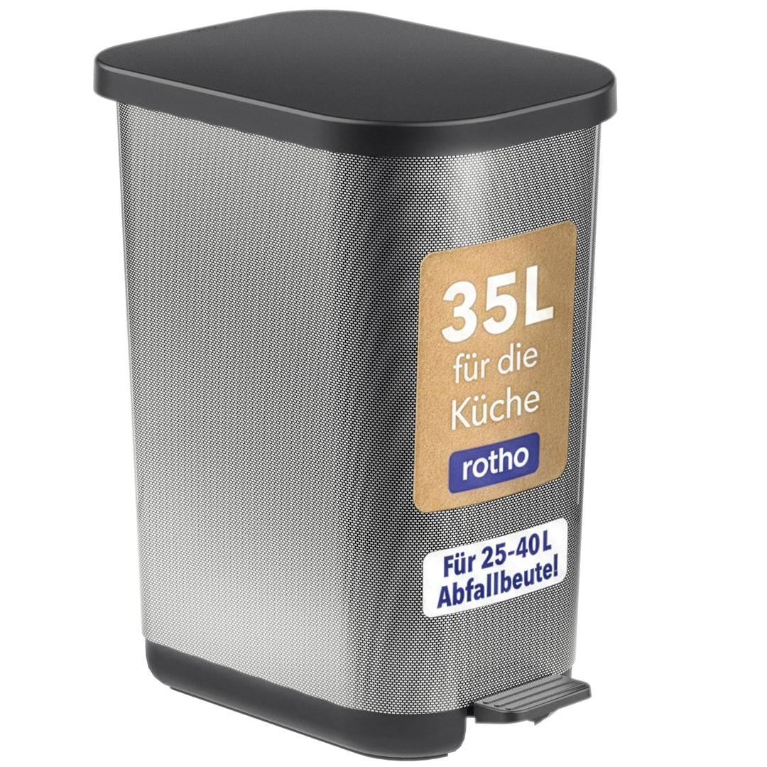 Rotho Orbe Mülleimer 35l mit Deckel und Fusspedal, pflegeleichter Kunststoff, ideal für Küche und Ha