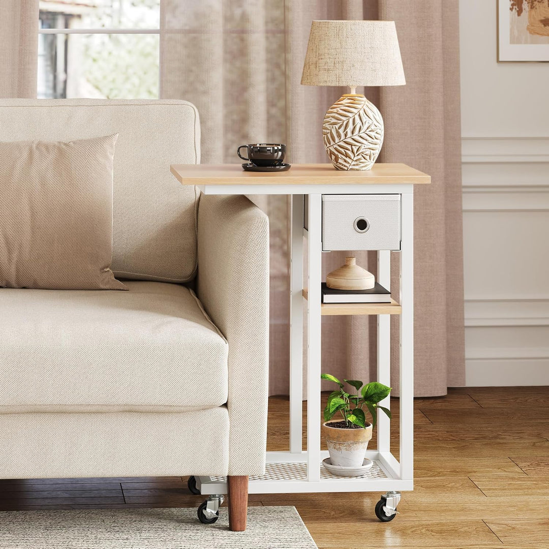 YITAHOME Beistelltisch, C-Form Sofatisch mit Rollen und Schublade，Wohnzimmertisch für Kaffee und Lap