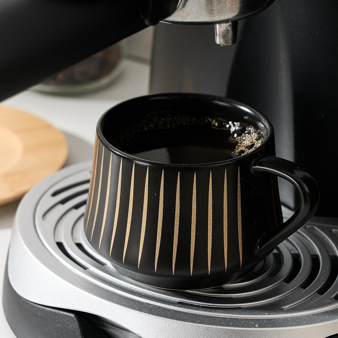 PORCER Set mit 6 Keramik-Kaffeetassen 130 ml (4,4 oz) mit Holzuntertasse und schwarzem Metallständer