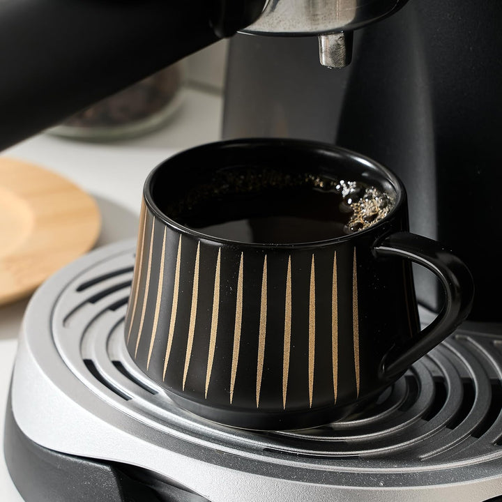 PORCER Set mit 6 Keramik-Kaffeetassen 130 ml (4,4 oz) mit Holzuntertasse und schwarzem Metallständer
