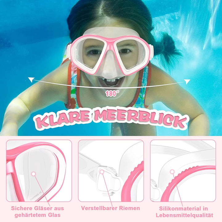 Supertrip Kinder Schnorchelset 3-teilig, Schnorcheln Set mit Flossen, Taucherbrille mit Tempered Gla