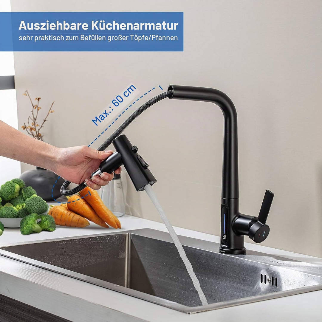 Wasserhahn Küche Mit Brause Ausziehbar,Küchenarmatur 360°Schwenkbar Spültischarmatur LED Temperatura