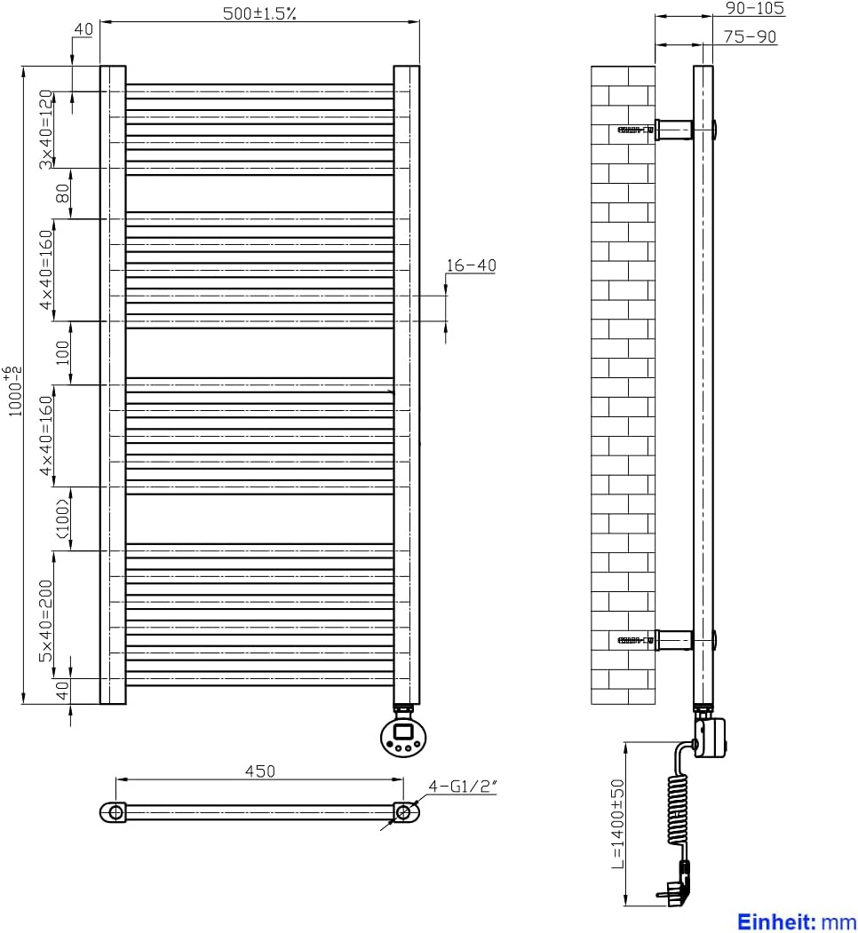 Heilmetz Badheizkörper Elektrisch 100x60cm Handtuchwärmer mit Digitalem Thermostat mit Timer-Funktio