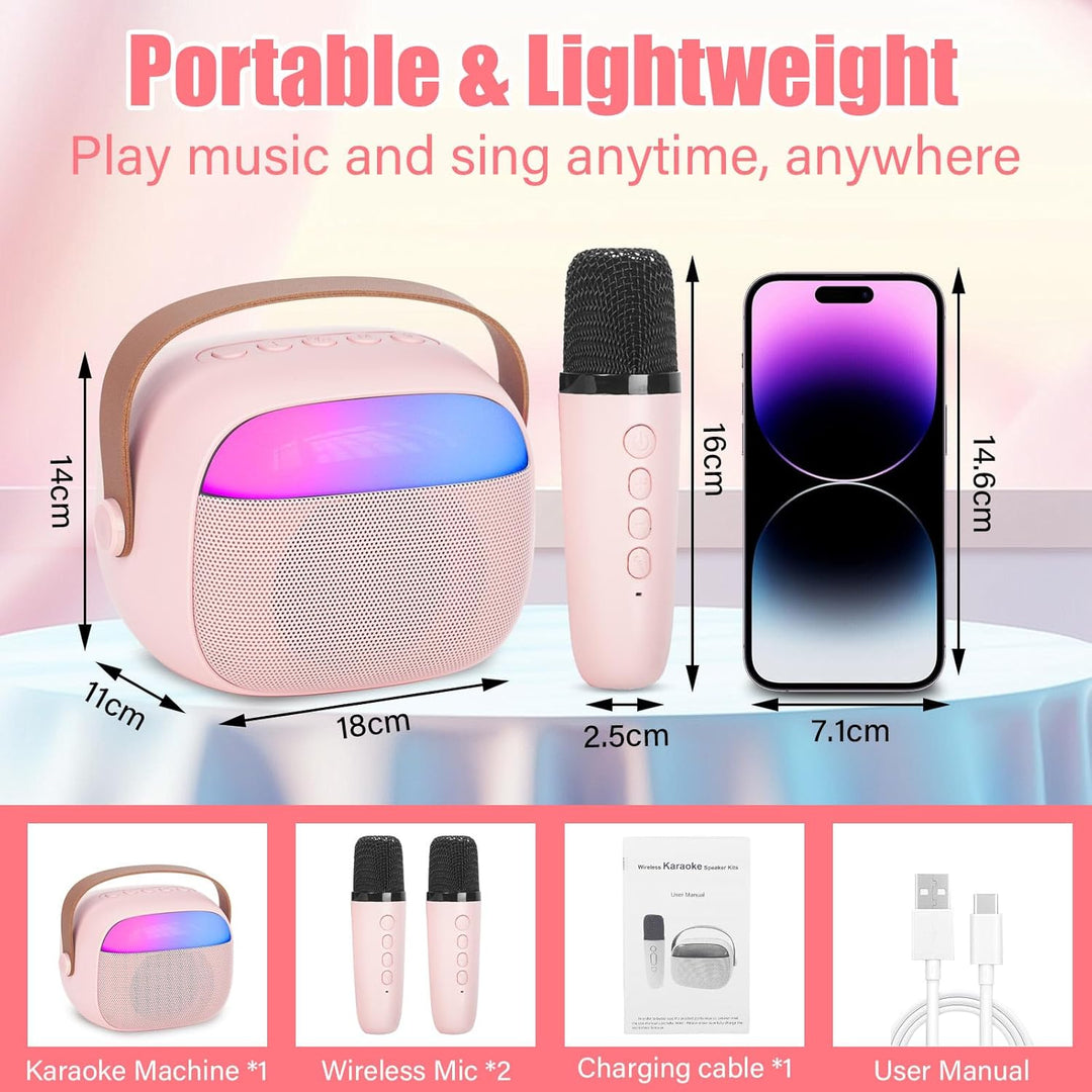 Karaoke Maschine Kinder mit 2 Drahtlosen Mikrofonen, Tragbares Bluetooth KTV Anlage, Lautsprecher mi