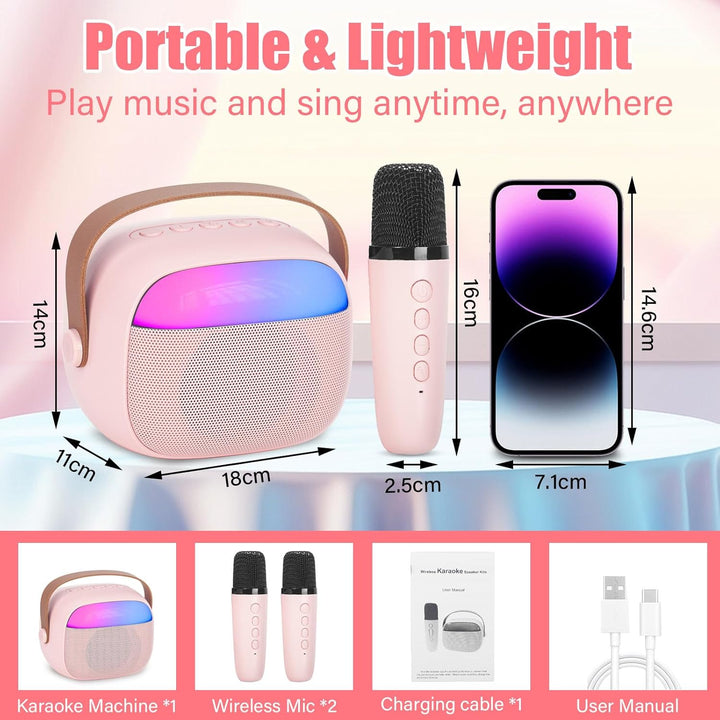 Karaoke Maschine Kinder mit 2 Drahtlosen Mikrofonen, Tragbares Bluetooth KTV Anlage, Lautsprecher mi
