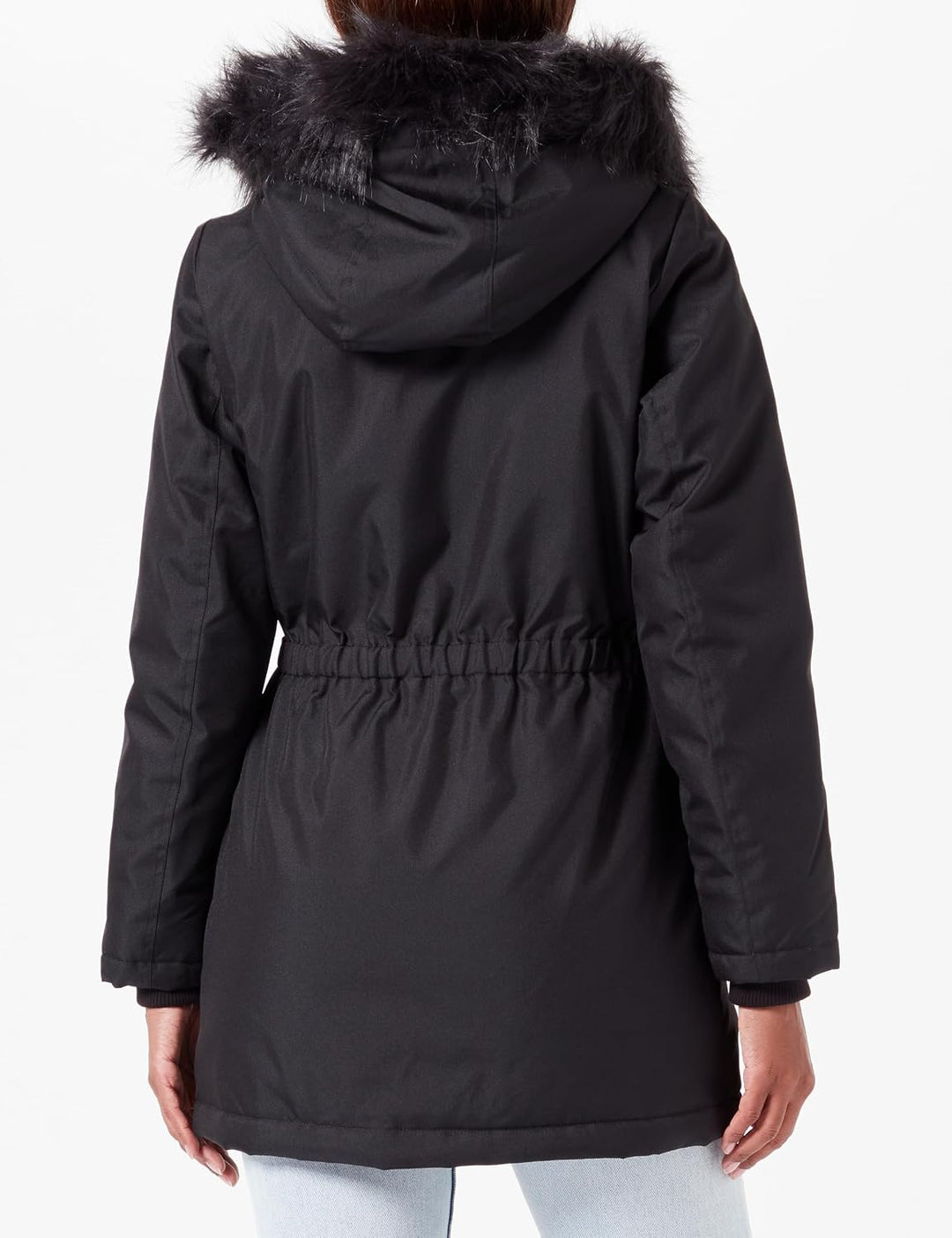 ONLY female Langer Parka Kapuze mit abnehmbarem Kunstfell-Rand Gerippte Ärmelbündchen Parka L Black