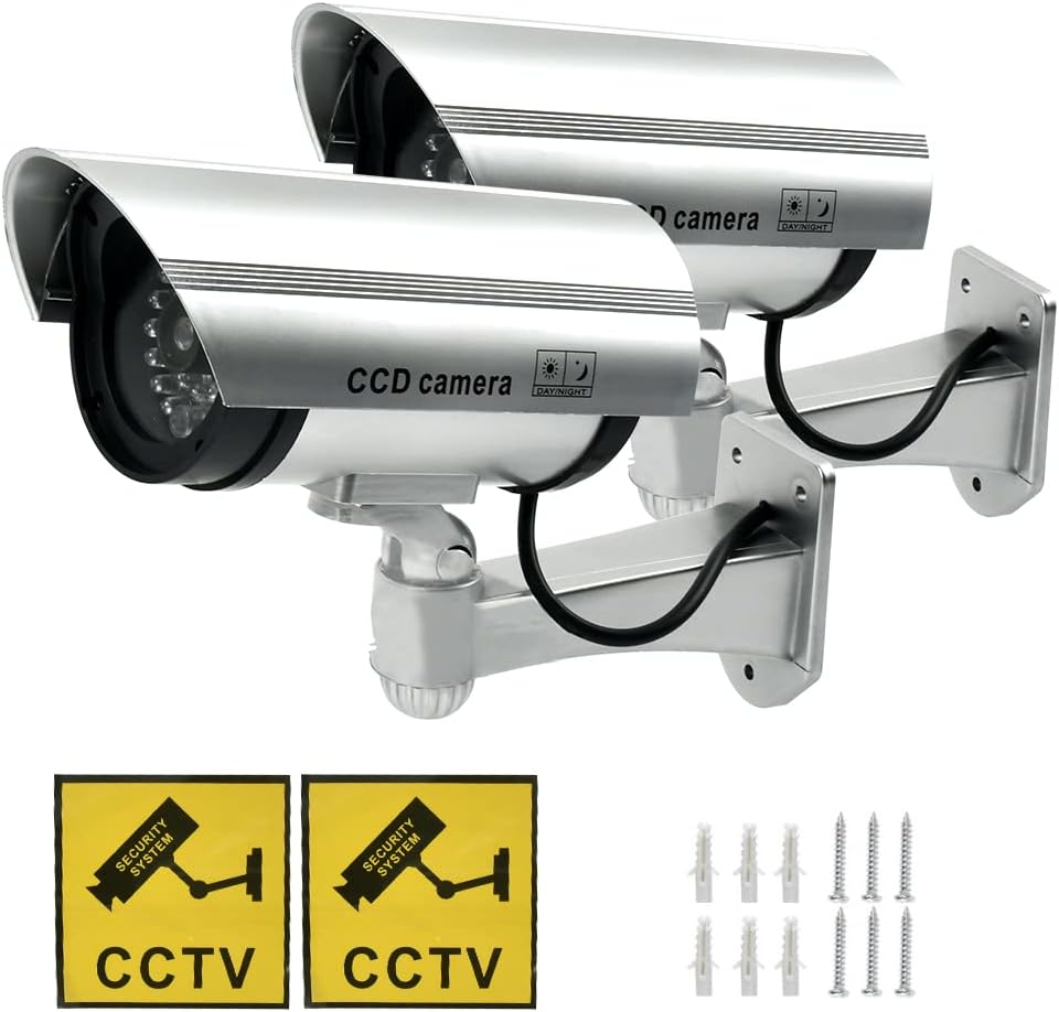 2 Stück Kamera Atrappe Aussen mit LED-Licht, Fake Kamera Überwachungskamera Attrappe, Dummy Kamera K