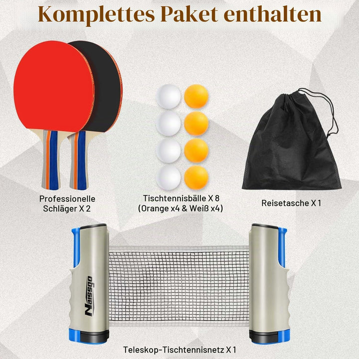 Tischtennis-Set,Tischtennisschläger Profi, 2 Tischtennisschläger, 1 Einziehbarem Netz,8Tischtennis-B