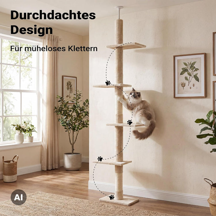 Fudajo Kratzbaum deckenhoch 230–276 cm in Beige, Katzenkratzbaum mit 4 Ebenen, Katzenbaum Deckenspan