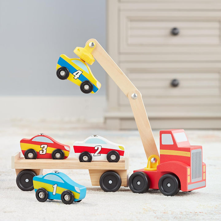 Melissa & Doug - Magnetisches Autotransporter-Spielzeugset aus Holz – (Autos & Lkws, 4 Autos und 1 L