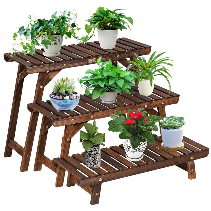 COSTWAY 3tlg. Blumenständer Holz Pflanzenregal Blumenregal, Blumentreppe Garten, Pflanzentreppe frei