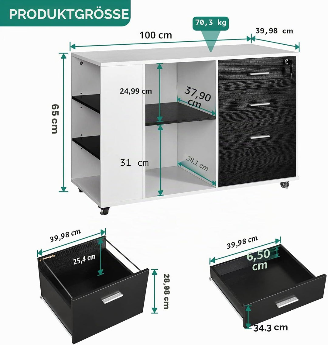YITAHOME Rollcontainer aus Holz, Mobiler Aktenschrank, seitlicher Aufbewahrungsschrank für Schreibwa