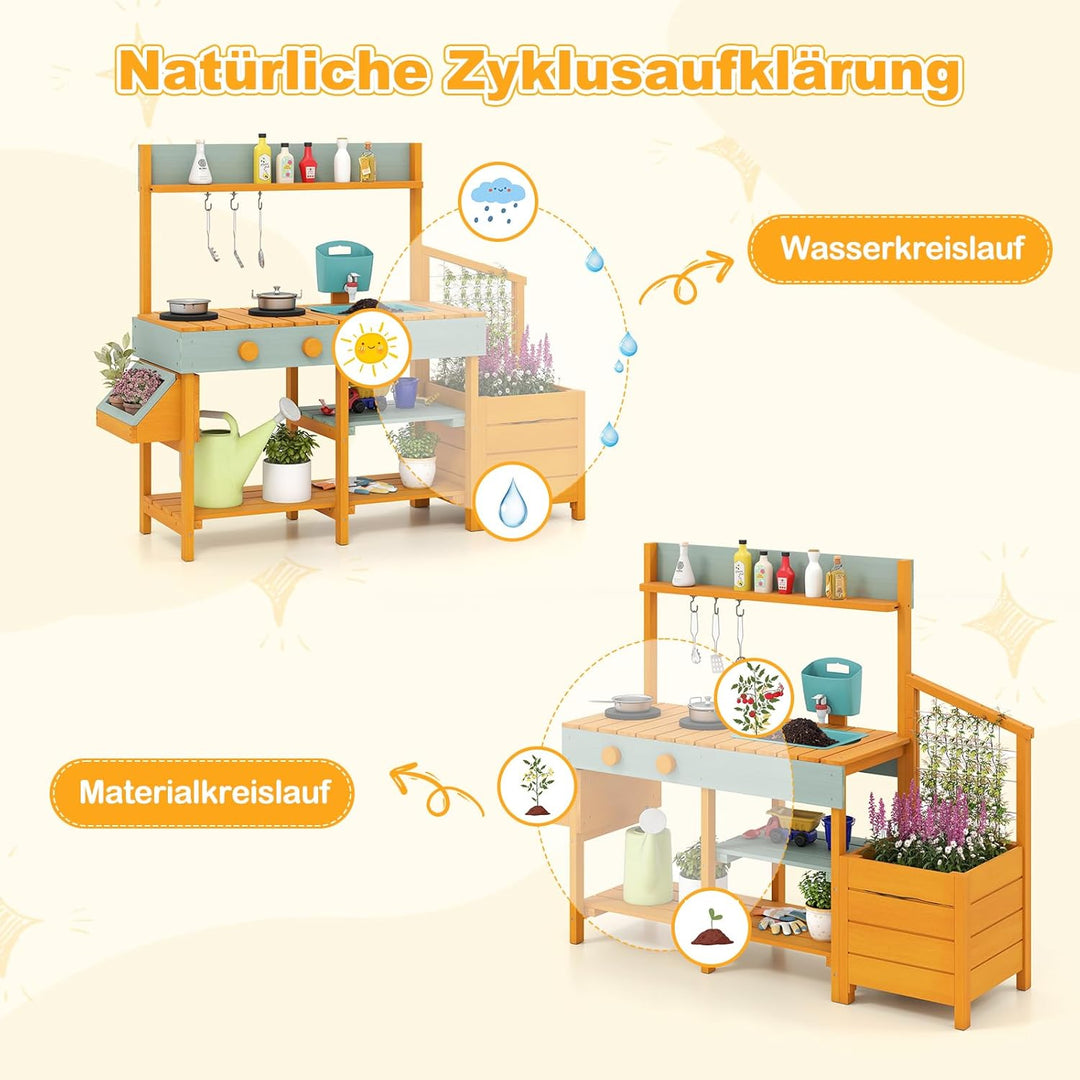 DREAMADE Matschküche Kinder Outdoor, Kinderküche Tannenholz mit Pflanzkasten & Rankgitter, Spielküch