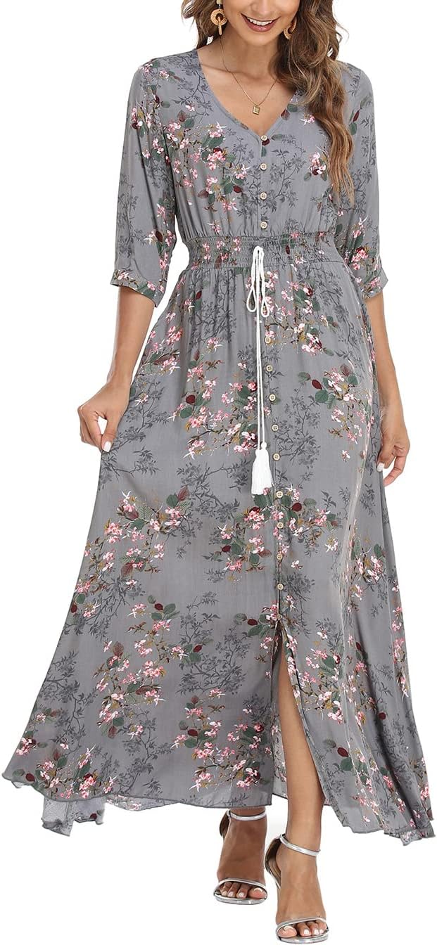 Damen Lange Split Knopf Up Sommer Maxikleid Floral Strandwear Holidy Kleid Hohe Taille mit kurzen Är