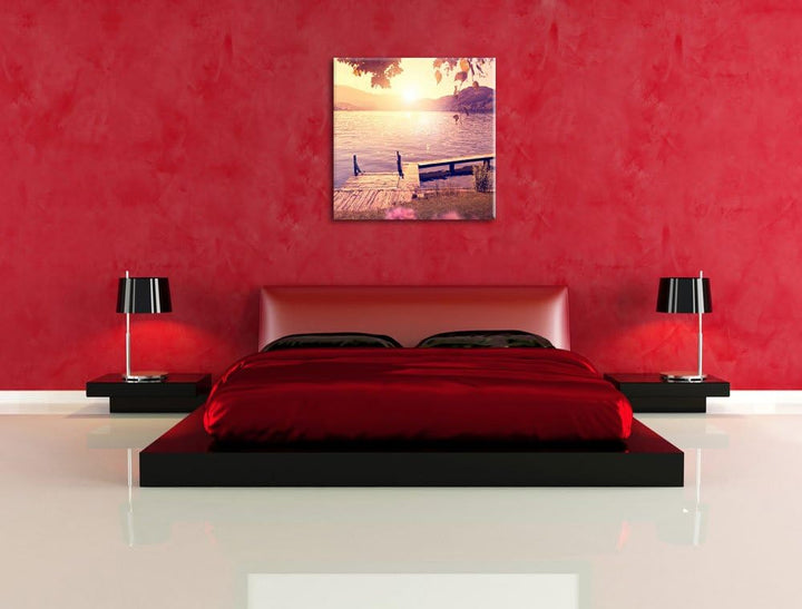 Pixxprint Steg im Sonnenuntergang Meer Urlaub, Format: 70x70 auf Leinwand, 70x70
