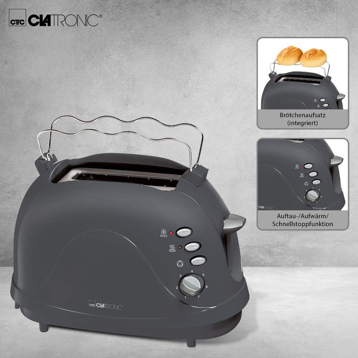 Clatronic® Toaster | 2-Scheiben-Toaster | integrierter Brötchenaufsatz | Aufwärm-, Auftau-, Schnells