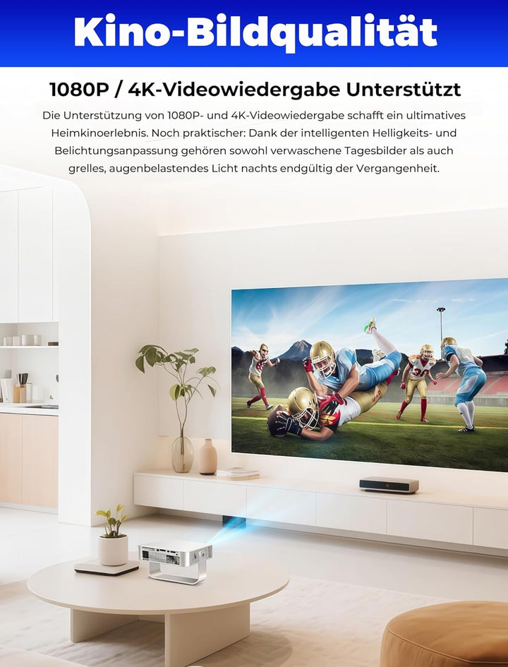 Mini Beamer mit WiFi 6 und Bluetooth 5.4, tragbarer Projektor 4K/1080P Unterstützung, Video Beamer m