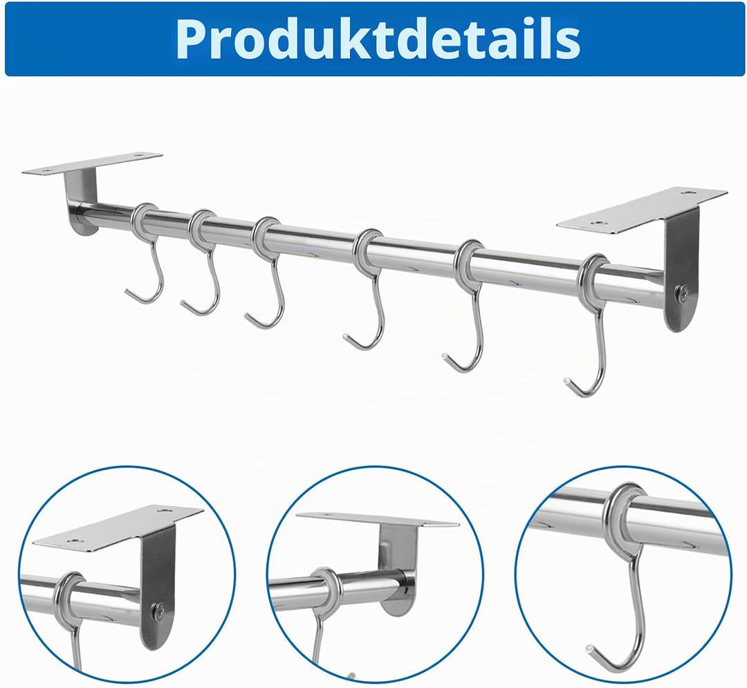 2 Stück Hängeleiste für die Küche, Küchenutensilienhalter mit 6 Haken, Edelstahl Küchenleiste