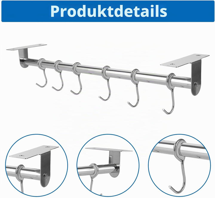 2 Stück Hängeleiste für die Küche, Küchenutensilienhalter mit 6 Haken, Edelstahl Küchenleiste