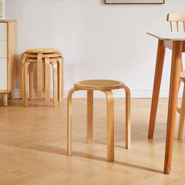 IBUYKE Oberfläche des Rattanstuhls 4er Set Esszimmerhocker, Holzstapelstuhl mit Rutschfester Matte,