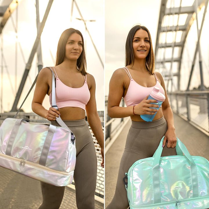 Sporttasche Damen, 40L Reisetasche Damen Weekender, Glitzer Sporttasche mit Schuhfach und Nassfach,