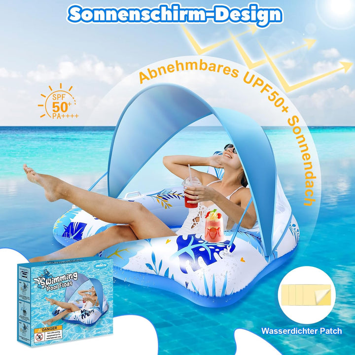 JONRRYIN Aufblasbare Pool Luftmatratze mit 2 Getränkehalter, Schwimmsessel Pool Erwachsene mit Verst