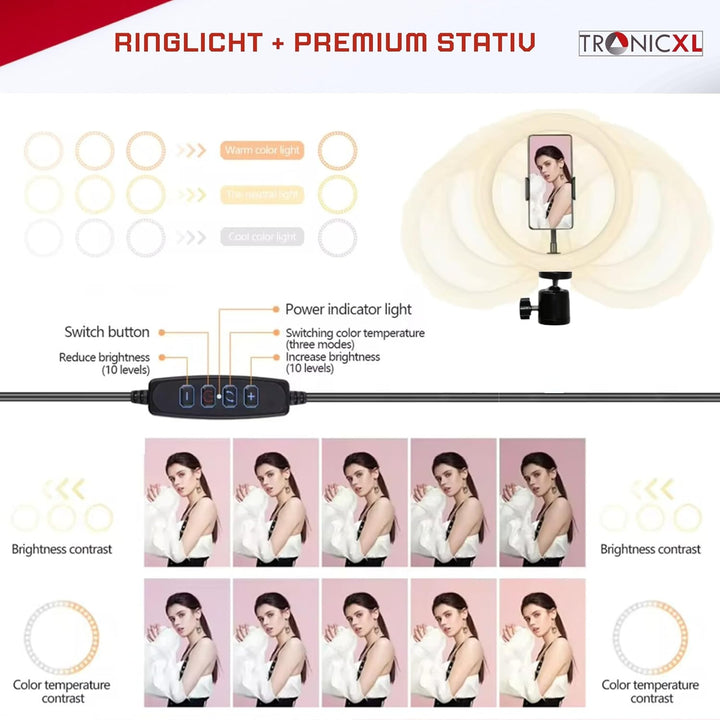 TronicXL 1,05m Premium Kamerastativ für Smartphone iPhone Stativ Tripod mit Ringlicht