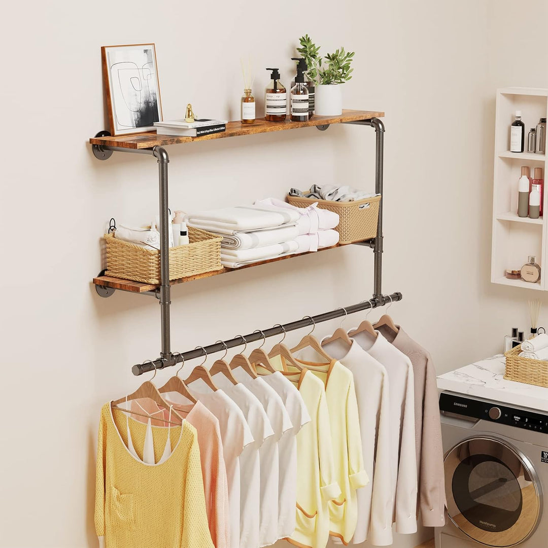 unho Kleiderstange zur Wandmontage, Wandgarderobe mit 2 Ablage im Industrierohrstil, Wandgarderoben