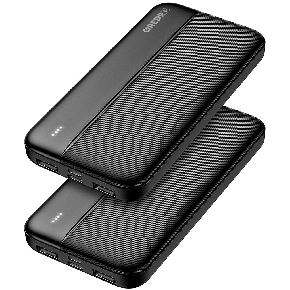 GREPRO Power Bank 10000mAh 2 Stück, 2×USB‑A‑ und USB‑C‑Ausgangsanschlüssen Schwarz-Schwarz, Schwarz-