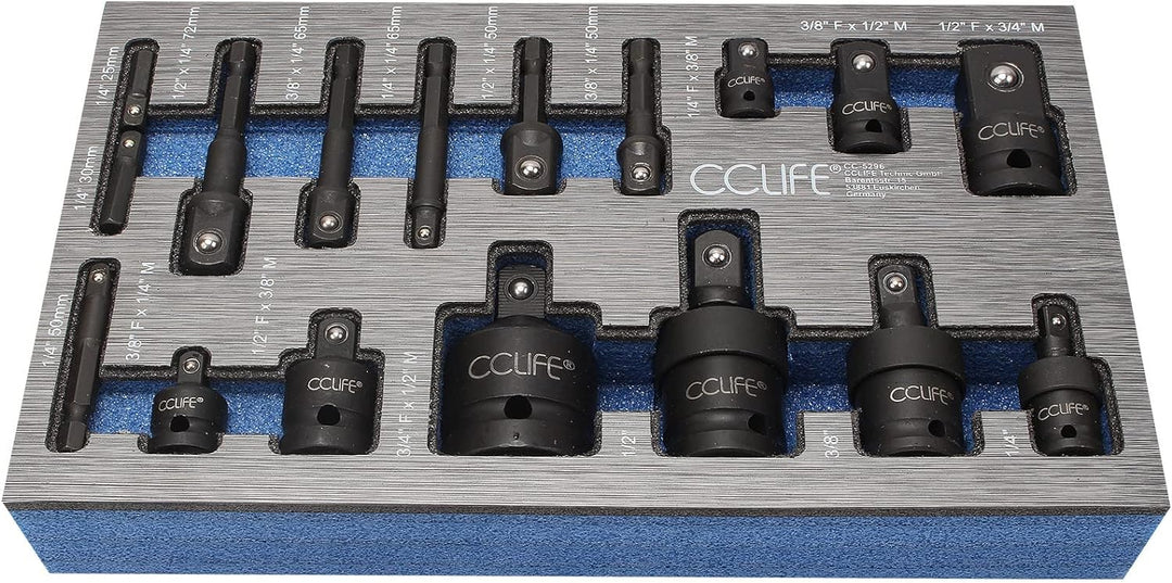 CCLIFE 17tlg Stecknuss Adapter für Schlagschrauber 1/4' 3/8' 1/2' 3/4' Bit Nuss & Kardangelenk | Cr-