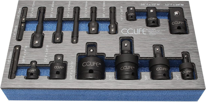 CCLIFE 17tlg Stecknuss Adapter für Schlagschrauber 1/4' 3/8' 1/2' 3/4' Bit Nuss & Kardangelenk | Cr-
