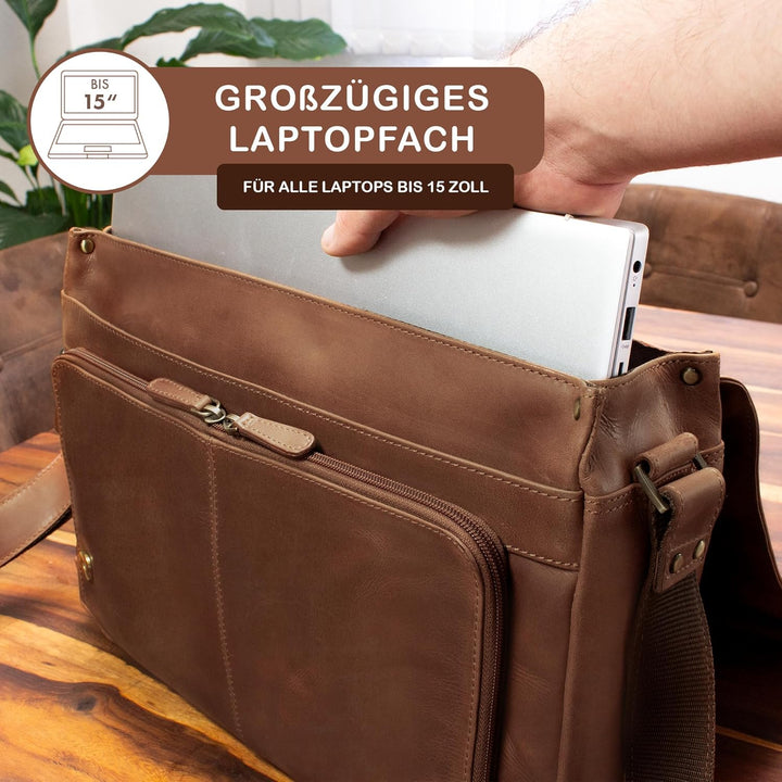 STILORD 'Tom' Vintage Leder Umhängetasche für Studium Uni Büro Arbeit 15 Zoll Laptoptasche DIN A4 Sc