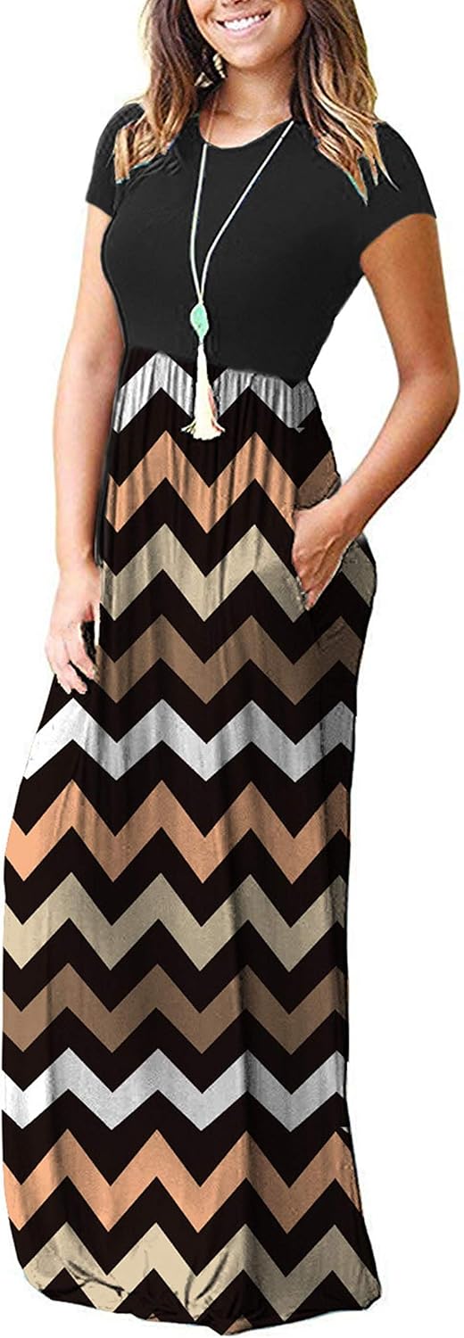 AUSELILY Damen Kurzarm Loose Casual Long Maxi Kleider mit Taschen Gestreift Schwarz M, Gestreift Sch