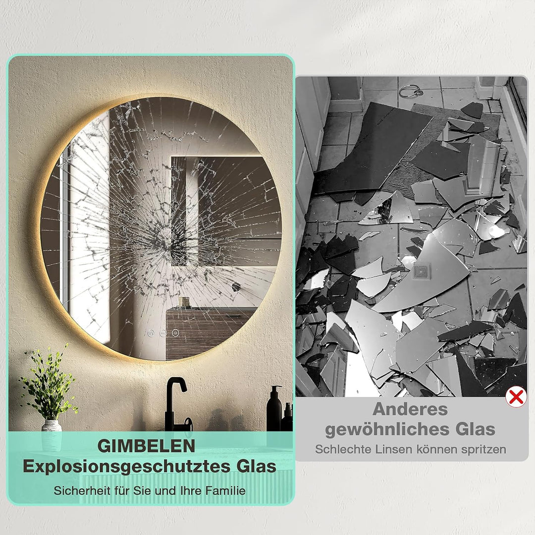 Badspiegel mit Beleuchtung, Runder Badezimmerspiegel 60 cm mit 3 Lichtfarben, Dimmbar, Touch-Schalte